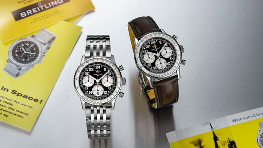 Two black-dial Cosmonaute configurations on bracelet and leather. Photograph: Breitling.