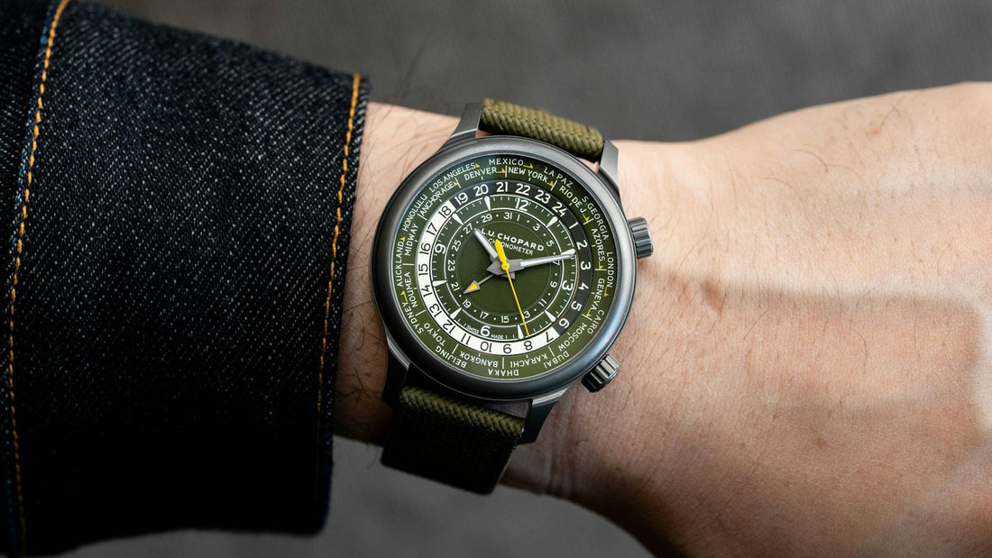 Chopard L.U.C Time Traveler One Khaki on the wrist, with its titanium case and khaki strap. Photography: TanTan Wang / Hodinkee.