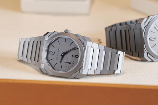 Bulgari Octo Finissimo 37 satin-polished titanium, nominated in the GPHG 2026 Time Only category, photographed on a table