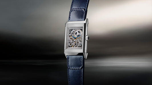 Jaeger-LeCoultre Reverso Platinum Number 1 (2001), skeletonised dial, platinum case and blue leather strap
