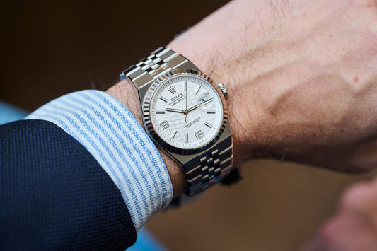 Rolex Land-Dweller 40 in white Rolesor photographed on the wrist at Watches and Wonders 2025