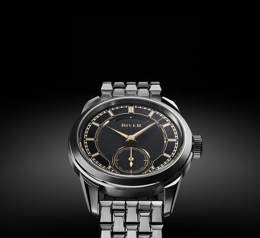 Biver AB stainless steel watch with gold-and-onyx dial and five-link bracelet